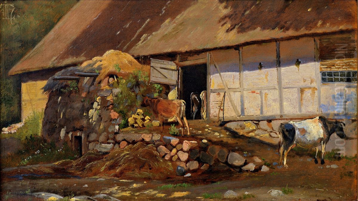 Udenfor kostalden Oil Painting by Johan Lundbye