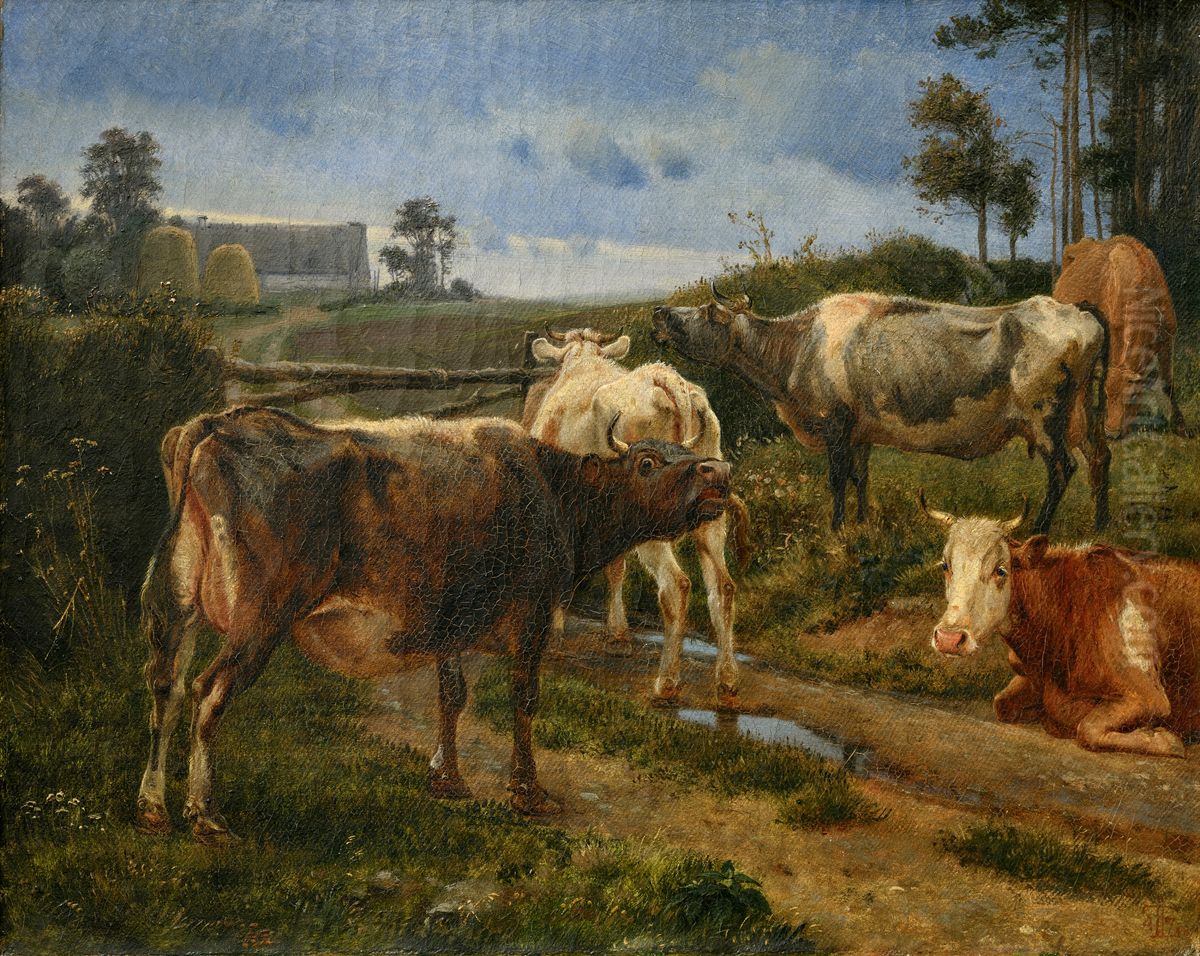 Bellowing cows by the fence gate Oil Painting by Johan Lundbye
