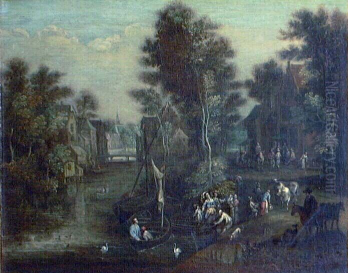 A Lady with Her Retinue beside a River Oil Painting by Peeter van Bredael