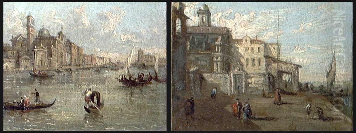 Two Venetian Canal Scenes Oil Painting by Francesco Guardi