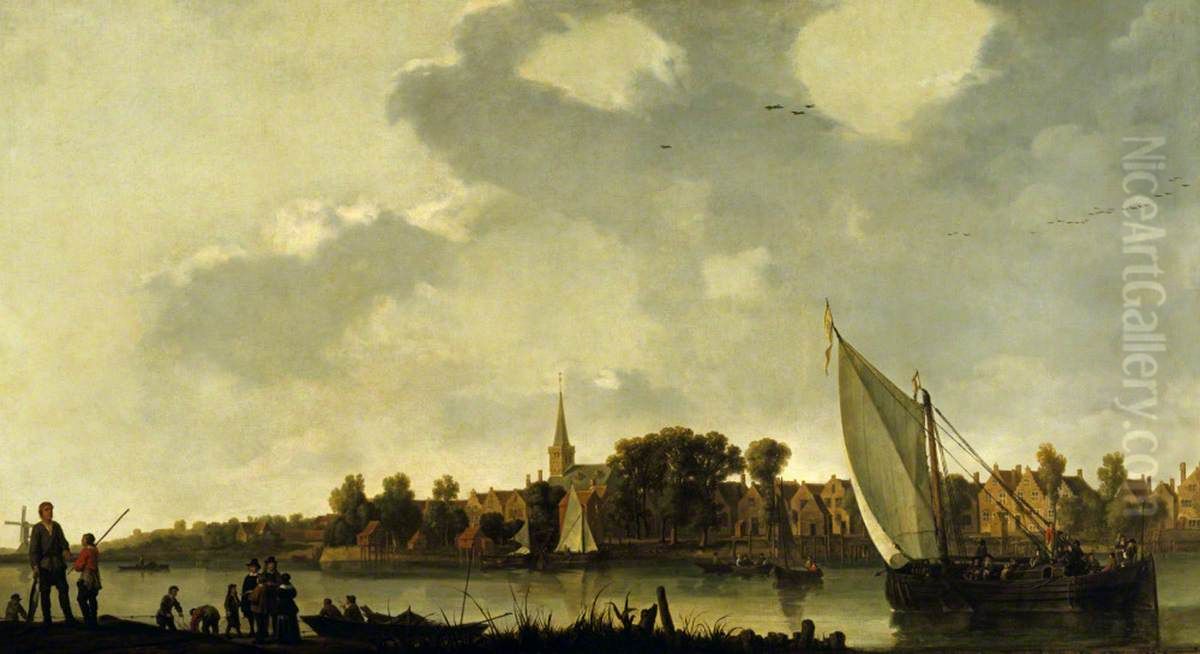 View of a River Town Oil Painting by Abraham Van Calraet