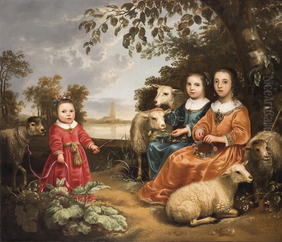 Three girls with sheep in a landscape Oil Painting by Aelbert Cuyp