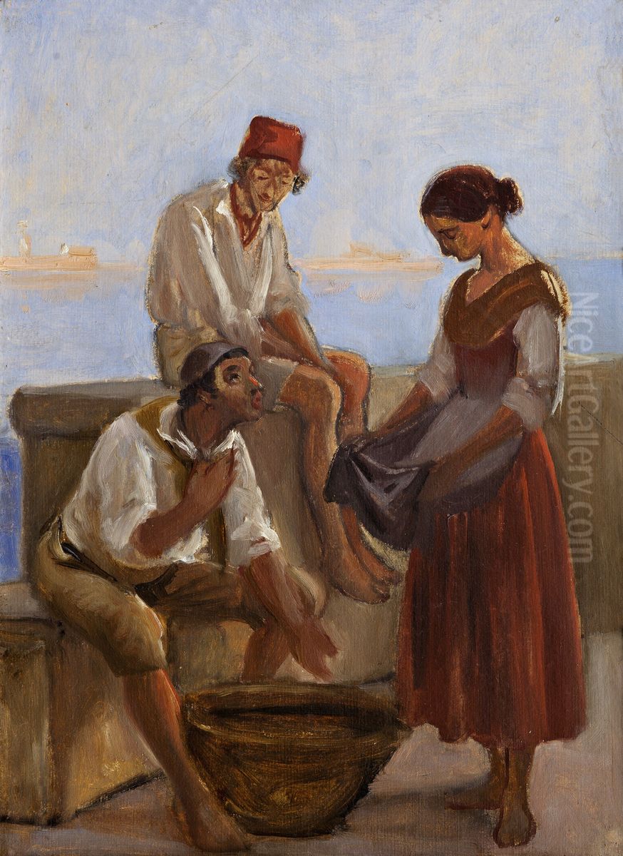 A young girl and two fishermen Oil Painting by Wilhelm Marstrand