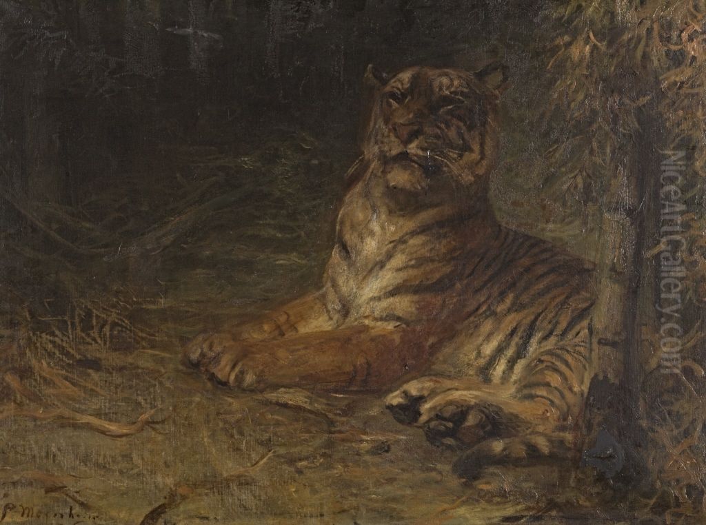Liegender Tiger im Dschungel Oil Painting by Paul Friedrich Meyerheim