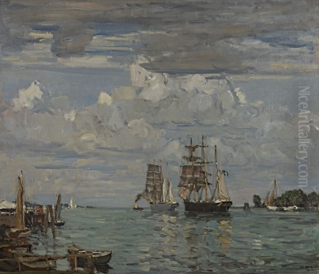 Hafeneinfahrt von Travemunde. Dreimaster im Schlepp Oil Painting by Ulrich Hubner