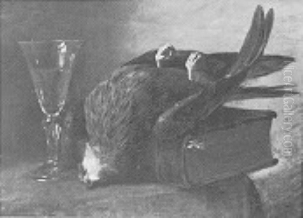 Erlegter Raubvogel auf einem Folianten Oil Painting by Paul Friedrich Meyerheim