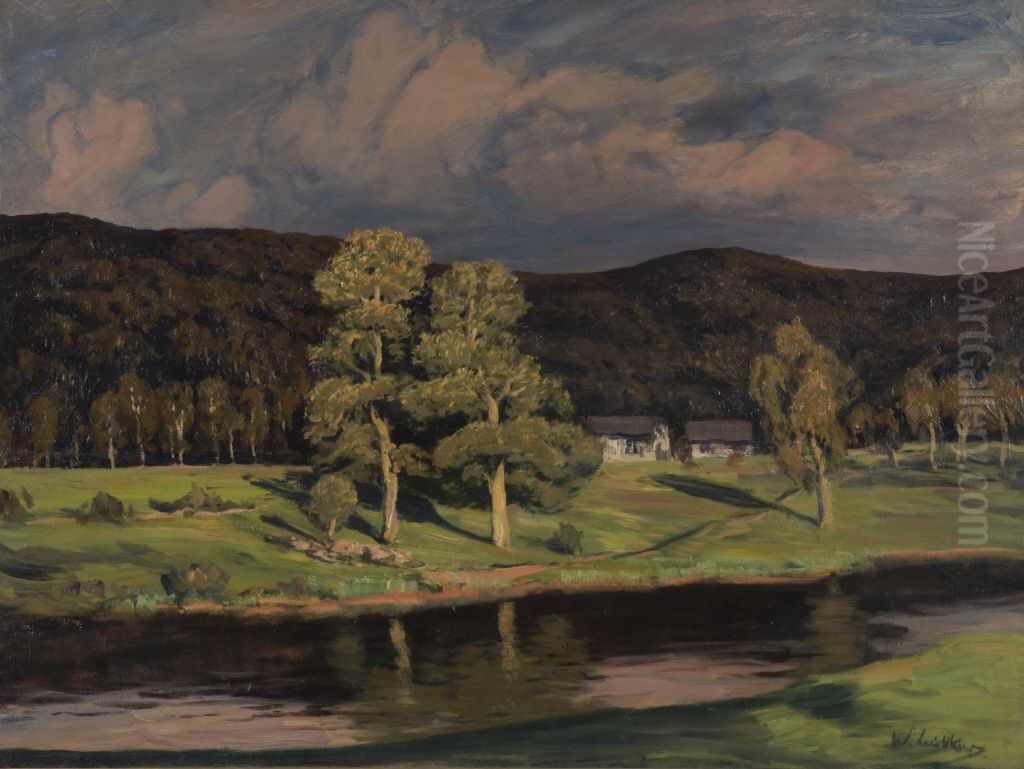 Abendlicht, Landschaft mit zwei Eichen Oil Painting by Walter Leistikow