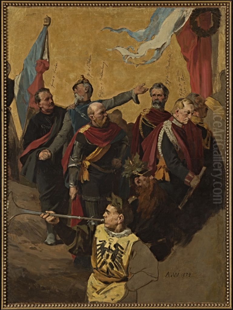 Kampf und Sieg (Olskizze zum Fries fur die Siegessaule in Berlin) Oil Painting by Anton von Werner