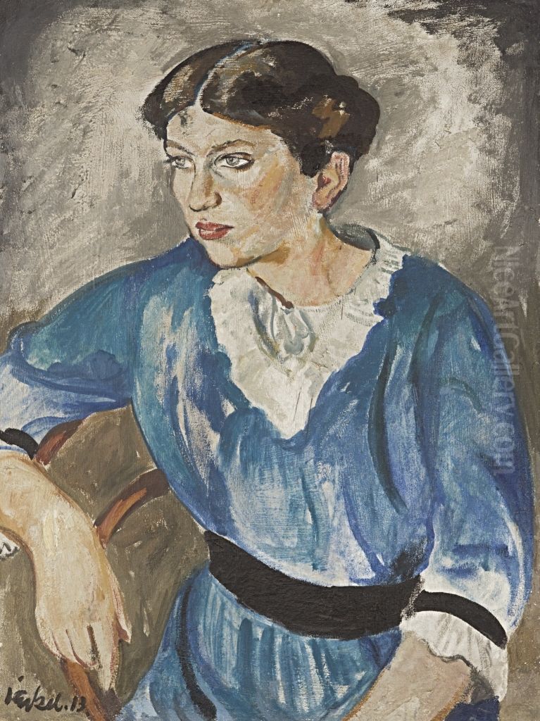 Bildnis Frau Pallavicini. Frau in blauem Kleid Oil Painting by Willy Jaeckel