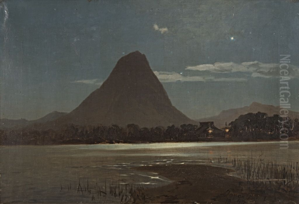 Japan, Binnlandsee mit erleuchtetem Tempel am Ufer und Vulkanberg Oil Painting by Carl Saltzmann