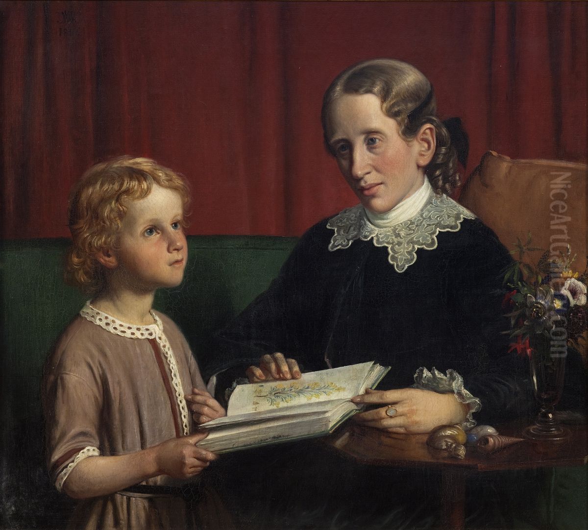 Miss Annette Hage (1814-1857) shows her nephew Hother Hage (1849-1904) a book on plants Oil Painting by Wilhelm Marstrand