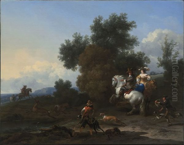 Landscape with an Elegant Hunting Party on a Stag Hunt Oil Painting by Nicolaes Pieterszoon Berchem