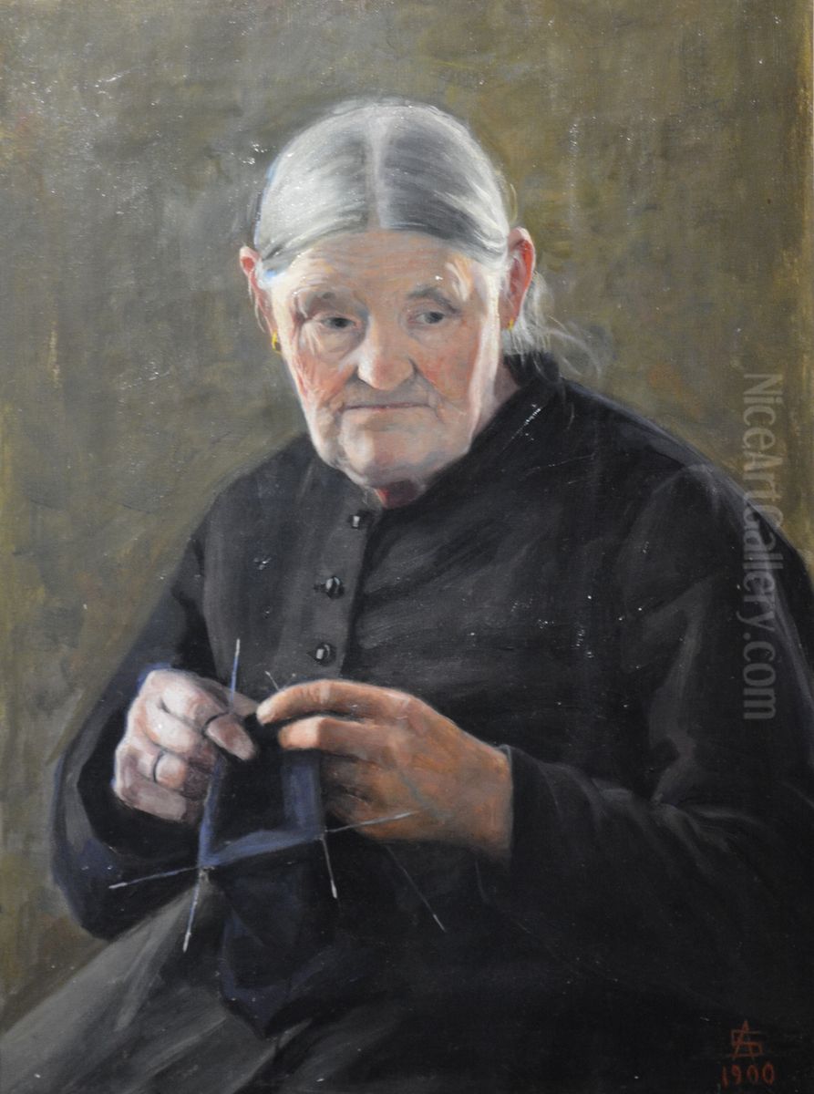 Old woman stitching Oil Painting by Anna Sahlsten