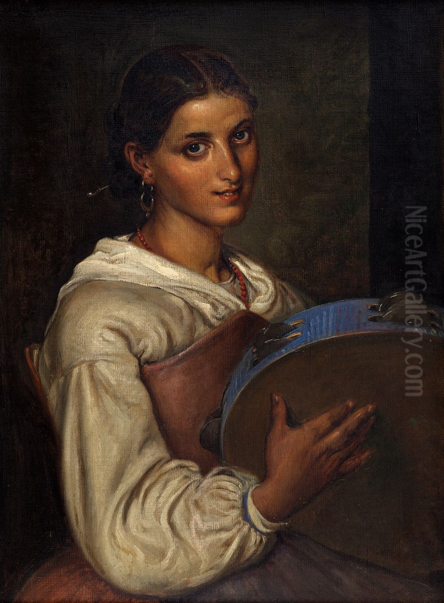 Italienerinde med bla tamburin Oil Painting by Wilhelm Marstrand