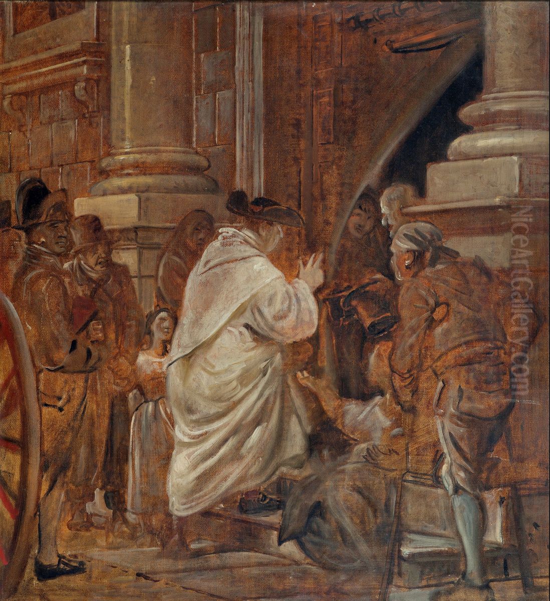 Kardinalen i kirkedoren velsigner tiggere Oil Painting by Wilhelm Marstrand