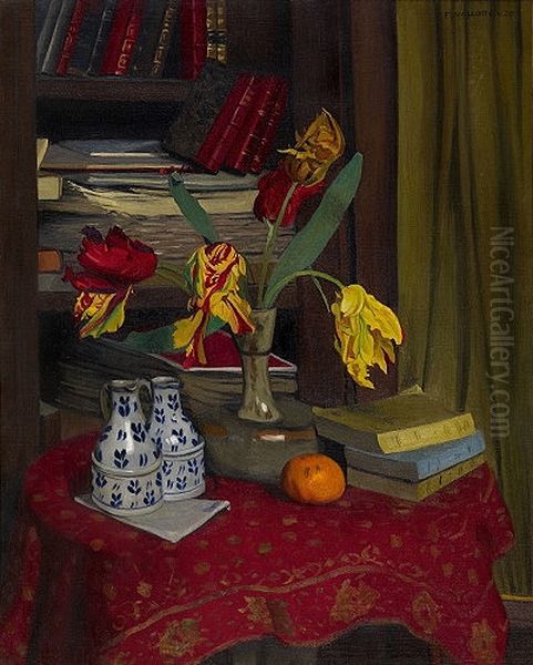 Tulipes perroquet, fond bibliotheque Oil Painting by Felix Vallotton