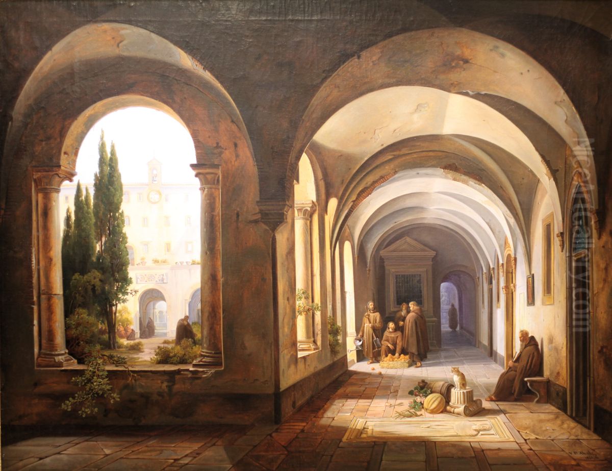 Rom. Im Kreuzgang des Klosters Ara Coeli. Monche im Gesprach Oil Painting by Jodocus Josse Sebastiaen Van Den Abeele