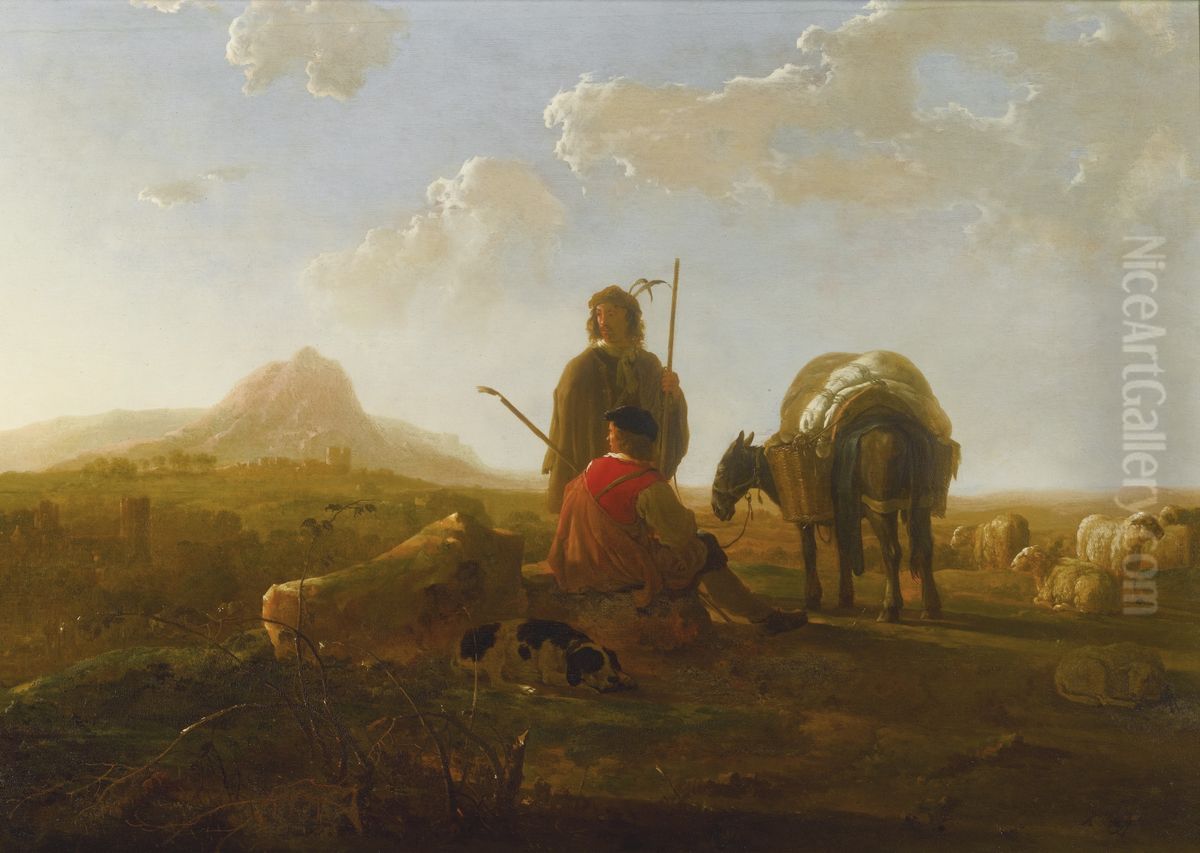 Two Shepherds in a Hilly Landscape Oil Painting by Aelbert Cuyp