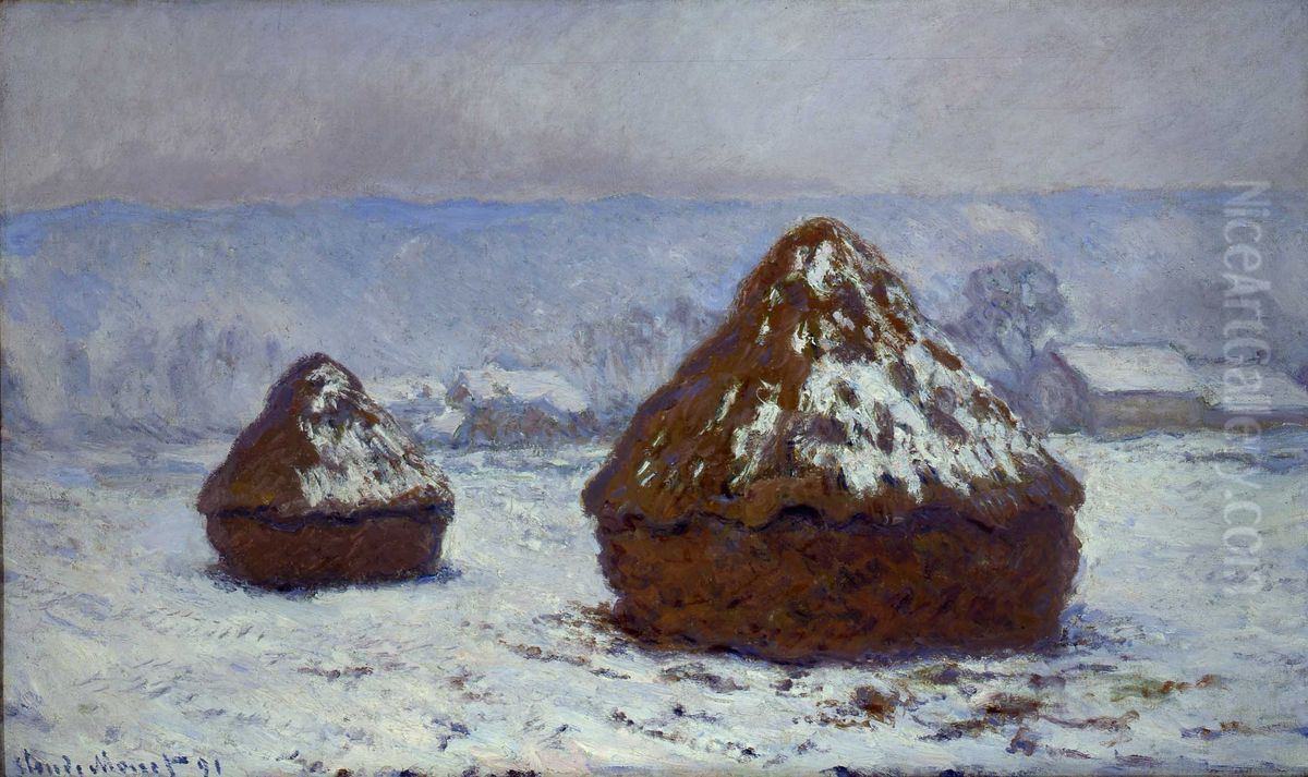 Grainstack, White Frost Effect Oil Painting by Claude Oscar Monet