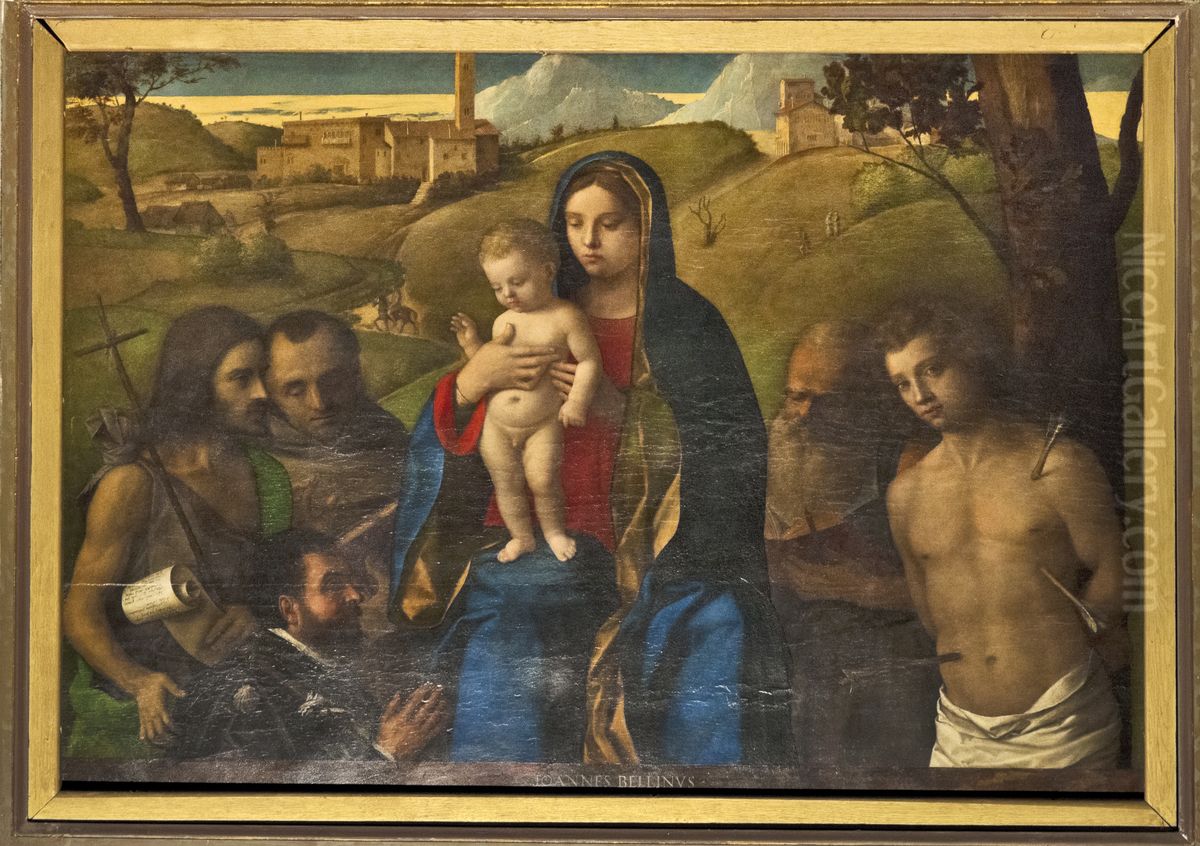 Madonna and Child with Four Saints (John the Baptist, Francis, Jerome and Sebastian (left to right)) and Donator Giacomo Dolfin Oil Painting by Giovanni Bellini