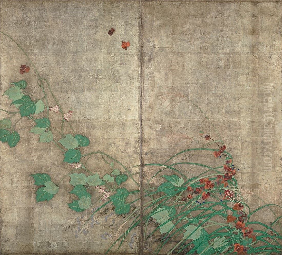 Flowering Plants of Summer and Autumn Oil Painting by Sakai Hoitsu