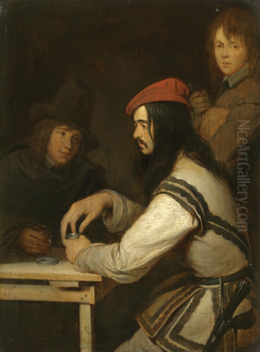 Three Men in a Tavern, One taking Snuff Oil Painting by Gerard Ter Borch