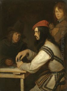 Three Men in a Tavern, One taking Snuff