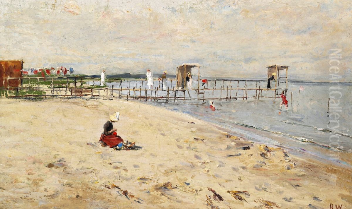 Summer day at Taarbaek beach with a jetty. In the foreground sits a young woman in the sand sewing Oil Painting by Bertha Wegmann