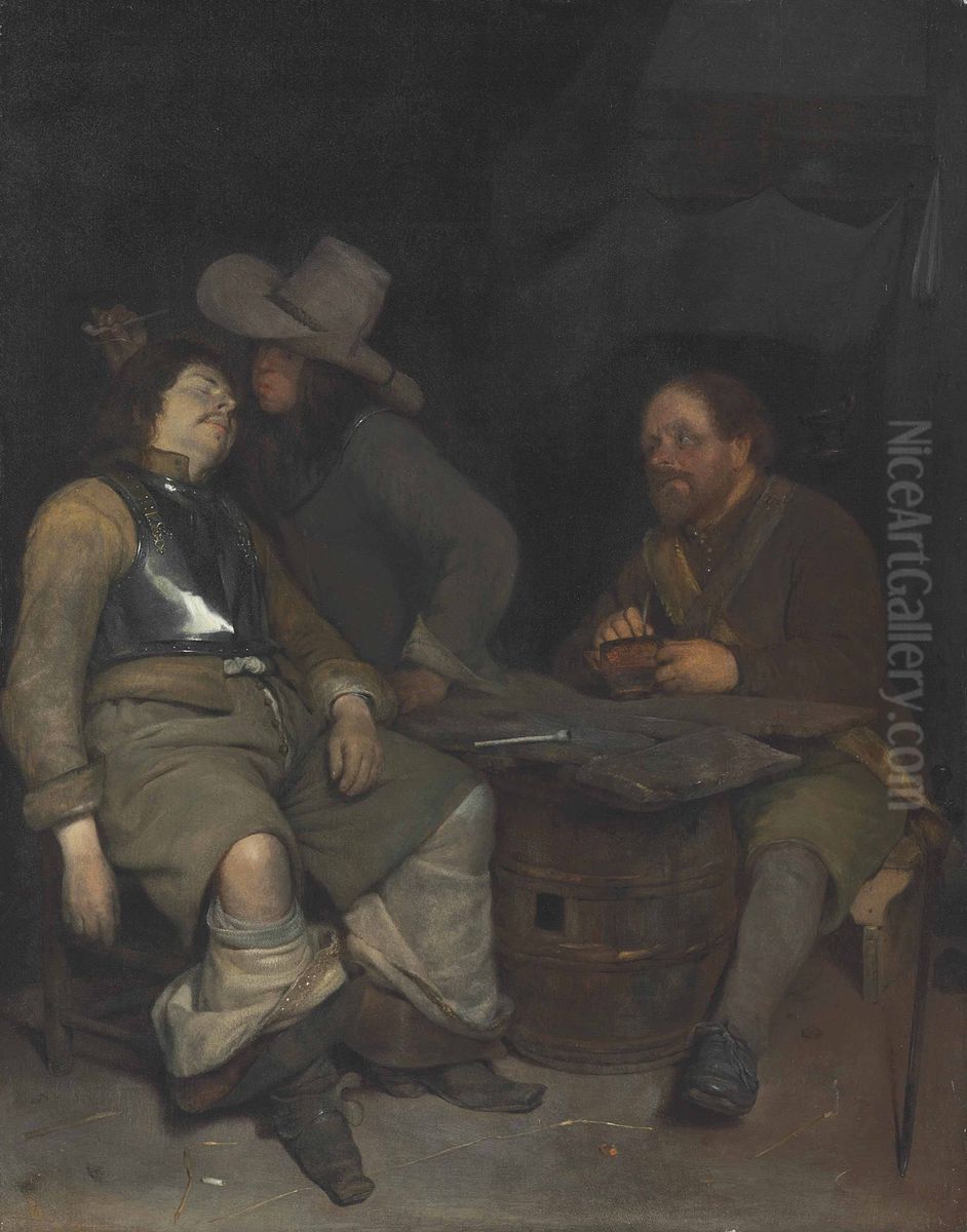 A Guardroom Interior with a Soldier Blowing Smoke Oil Painting by Gerard Ter Borch