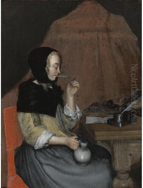 A Young Woman Drinking Oil Painting by Gerard Ter Borch