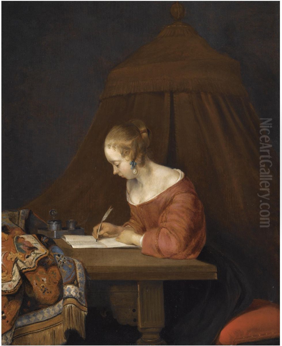 A Young Lady Writing at her Desk Oil Painting by Gerard Ter Borch
