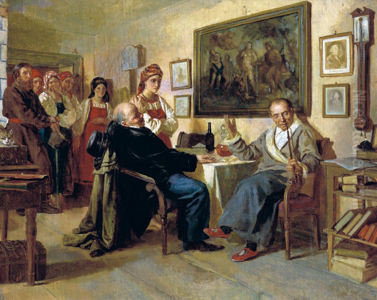 <<Torg. Scena iz krepostnogo byta. Iz nedavnego proslogo>> Oil Painting by Nikolai Nevrev