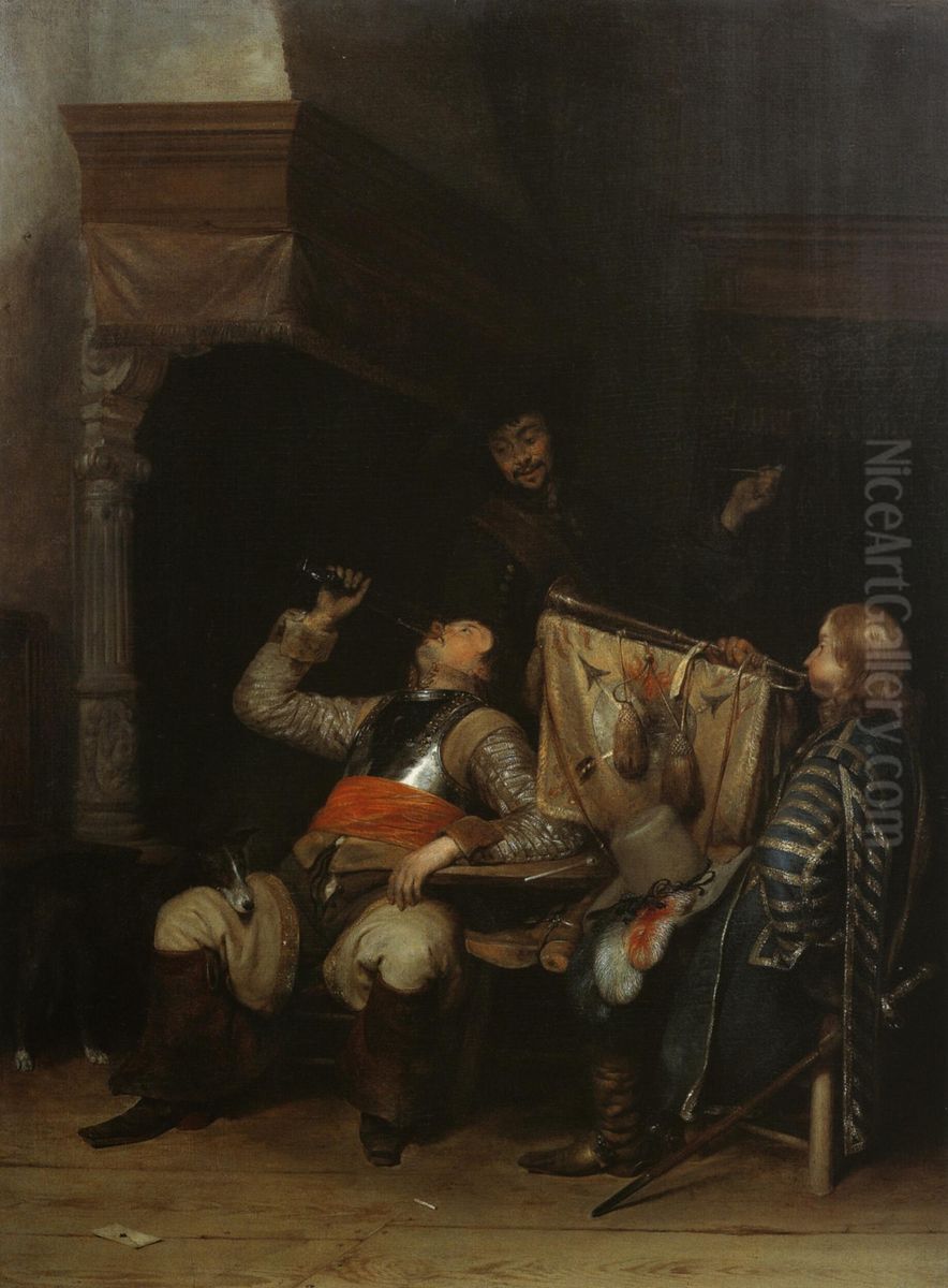 Soldiers drinking, smoking and playing music in an interior Oil Painting by Gerard Ter Borch