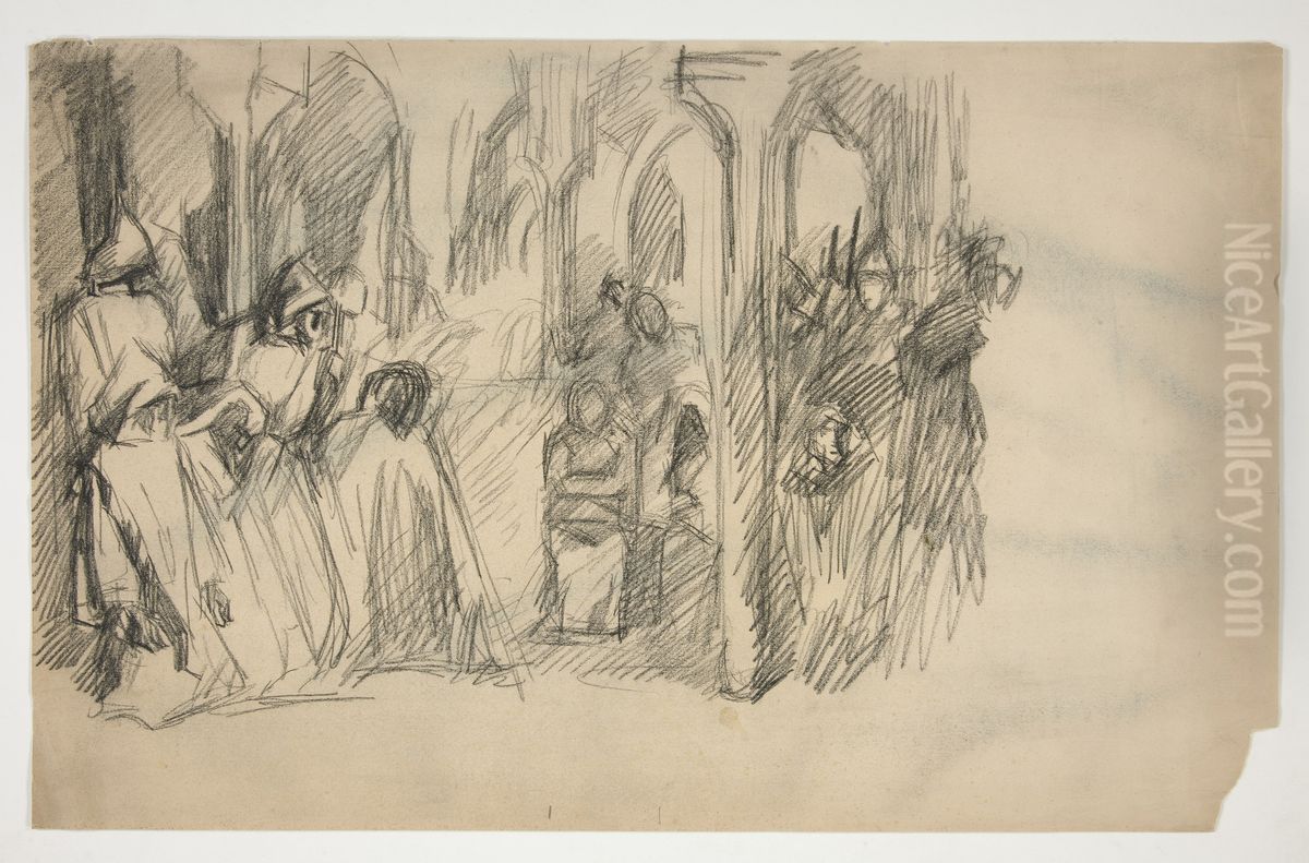 Composition study for The Quest of the Holy Grail mural series at Boston Public Library Oil Painting by Edwin Austin Abbey