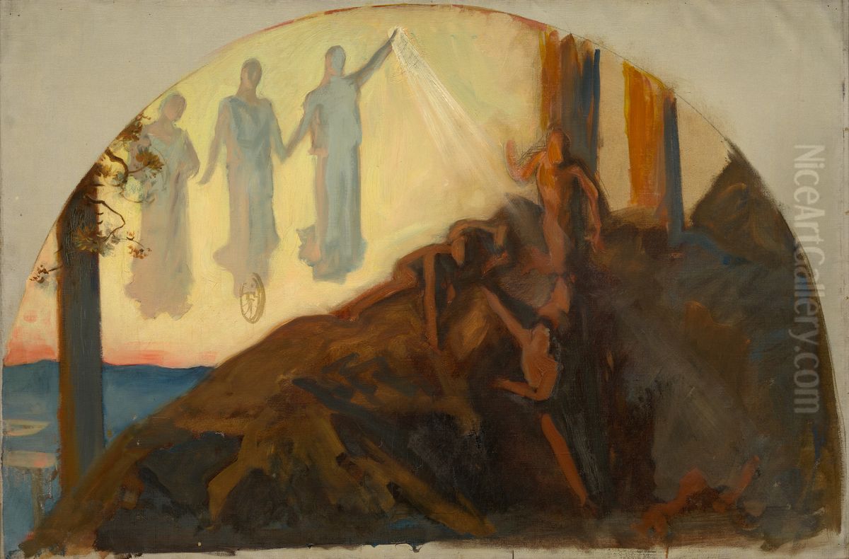 Science Revealing the Treasues of the Earth, sketch, lunette shaped Oil Painting by Edwin Austin Abbey