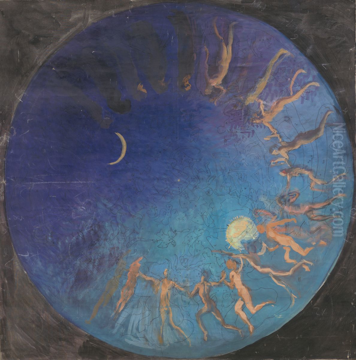 Small scale study for design of The Hours. Oil Painting by Edwin Austin Abbey
