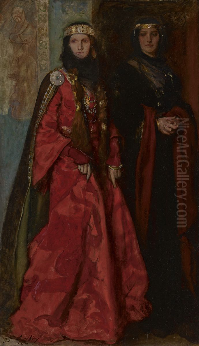 Goneril and Regan (Act I, Scene i) Oil Painting by Edwin Austin Abbey