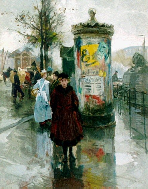 Advertising column and figures at the Vierleeuwenbrug in Rotterdam Oil Painting by August Willem van Voorden