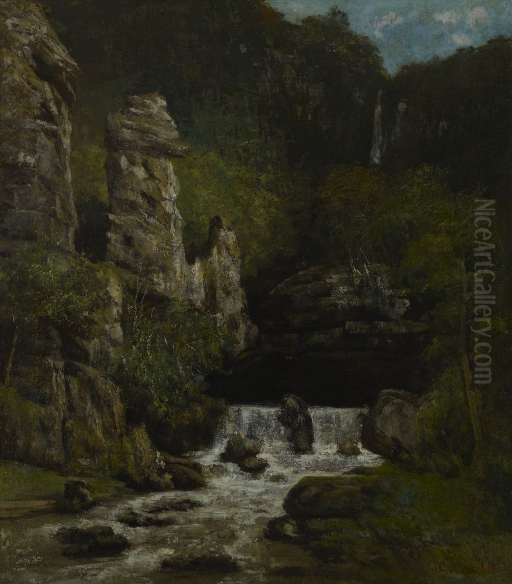 Landscape with a Waterfall Oil Painting by Gustave Courbet