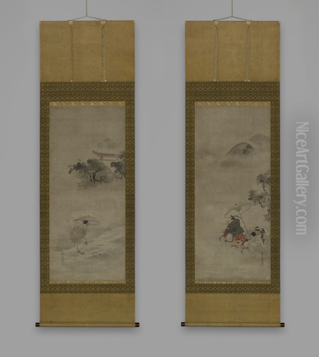 Ki no Tsurayuki Passing Aritoshi Shrine Oil Painting by Hanabusa Itcho