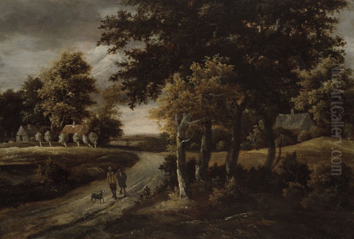 Wooded Landscape with Figures on a Path Oil Painting by Meindert Hobbema