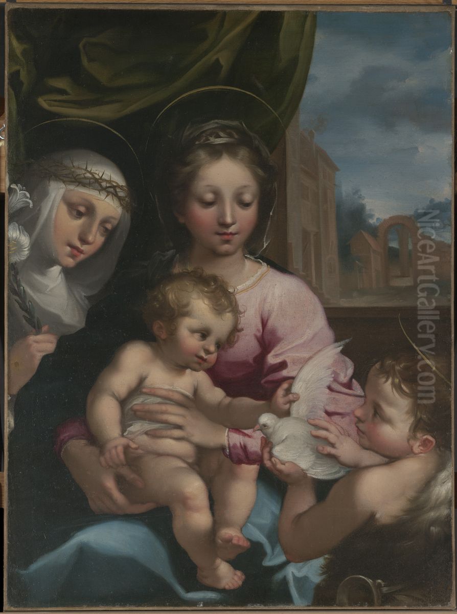 Virgin and Child with the Young Saint John the Baptist and Saint Catherine of Siena Oil Painting by Rutilio di Lorenzo Manetti