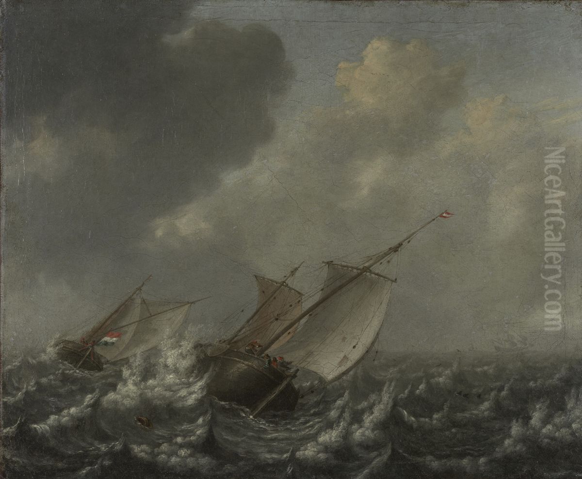 Vessels on a Choppy Sea Oil Painting by Jan Porcellis