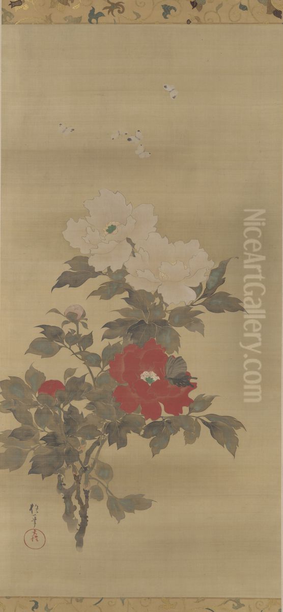 Peonies and Butterflie Oil Painting by Sakai Hoitsu