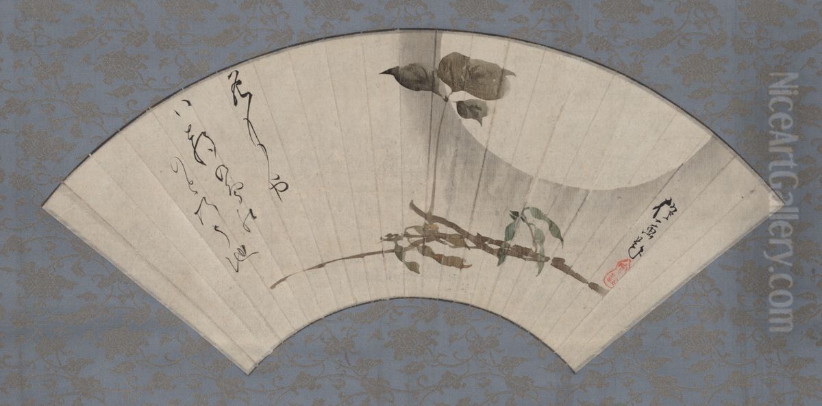Harvest Moon and Raven Bean with Haiku Oil Painting by Sakai Hoitsu