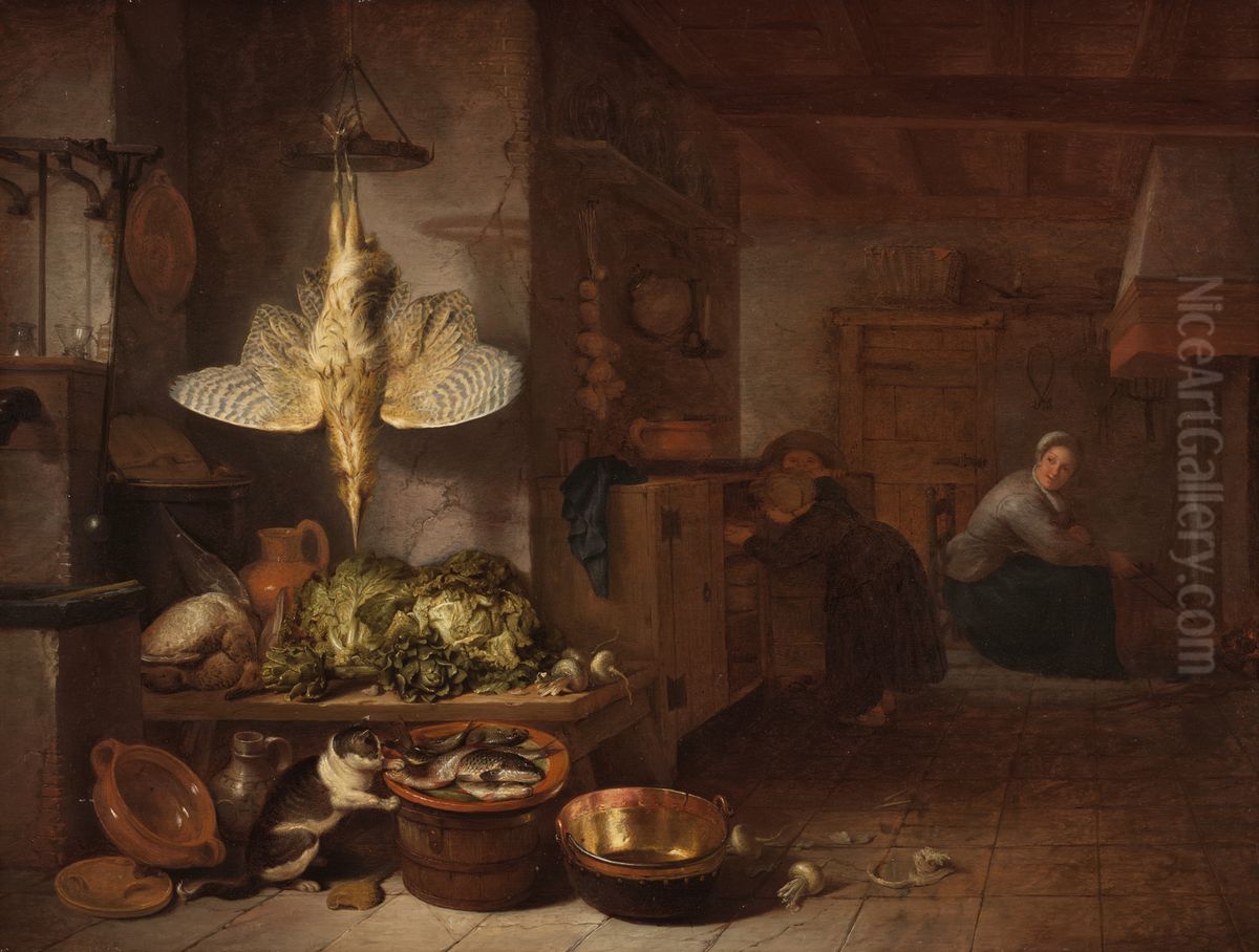 A Kitchen Oil Painting by Hendrik Martenszoon Sorgh