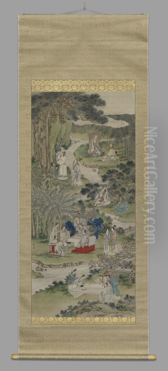 Elegant Gathering in the Western Garden Oil Painting by Tani Buncho