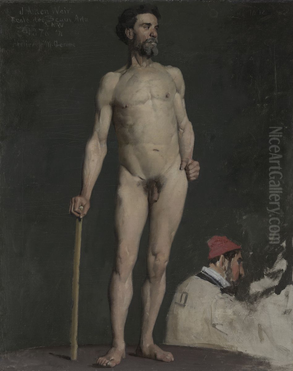 Study of a Male Nude Leaning on a Staff Oil Painting by J. Alden Weir