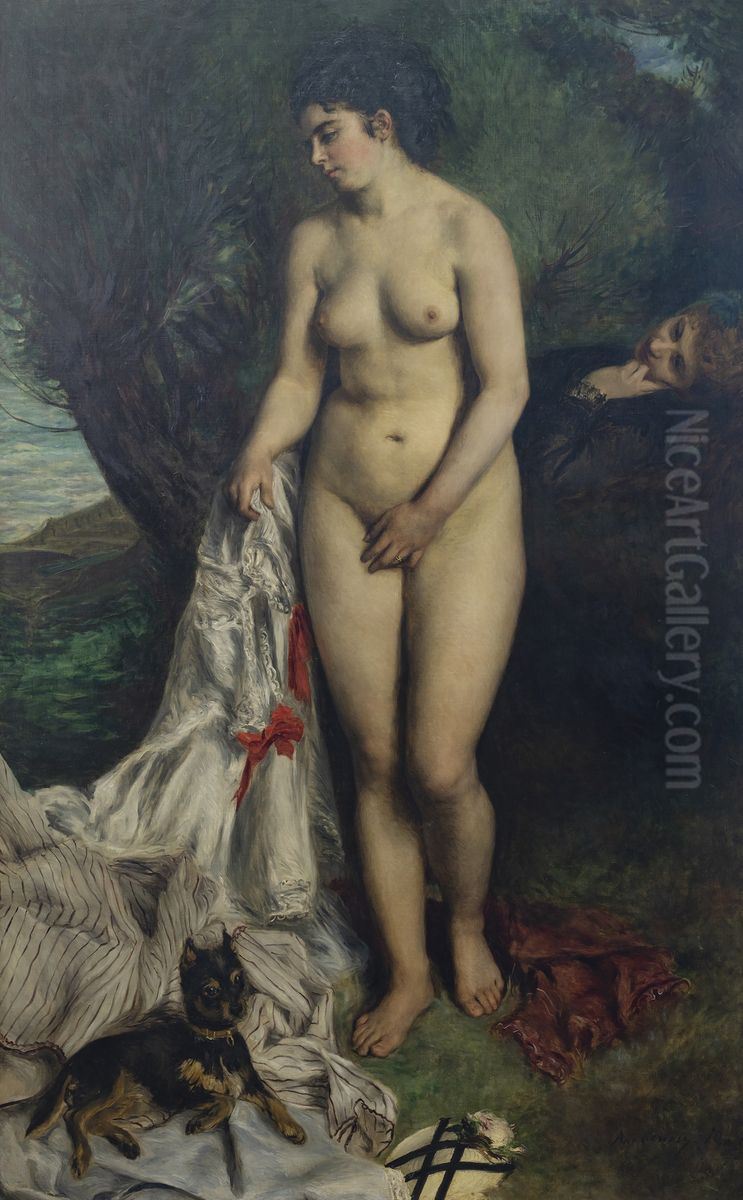 A Banhista e o Cao Grifon - Lise a Beira do Sena Oil Painting by Pierre Auguste Renoir