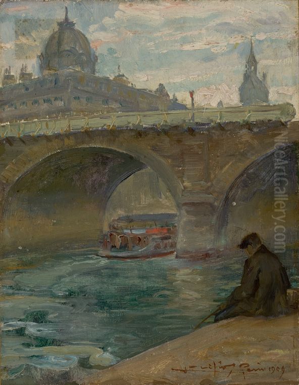 Le pont Notre-Dame a Paris avec en arriere plan le dome du tribunal de commerce Oil Painting by Lucilio de Albuquerque